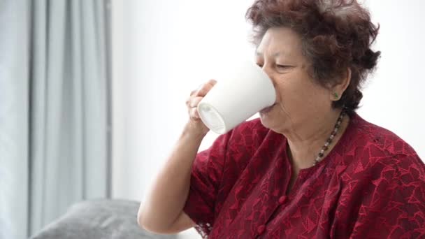Γυναίκα Της Ασίας Senior Πίνοντας Ένα Φλιτζάνι Νερό Στο Σπίτι — Αρχείο Βίντεο