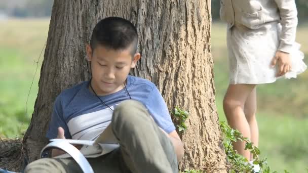 Niños Felices Hablando Sentados Jugando Aire Libre Juntos — Vídeo de stock