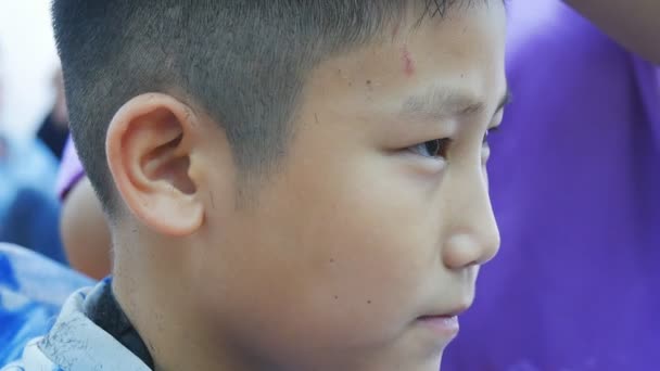 Happy Asian Boy Having Hair Cutting Hair Clippers — Stock Video