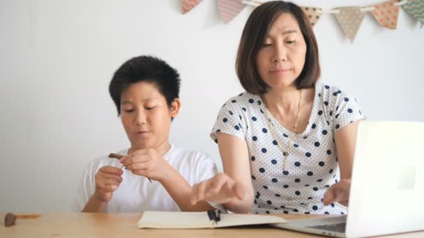 Busy Mother Working Home Her Computer Her Son Playing Clay — Stock Video