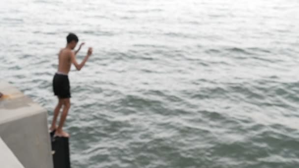 Back Man Jumping Sea Hua Hin Beach Stock Video C Jayjaynaenae