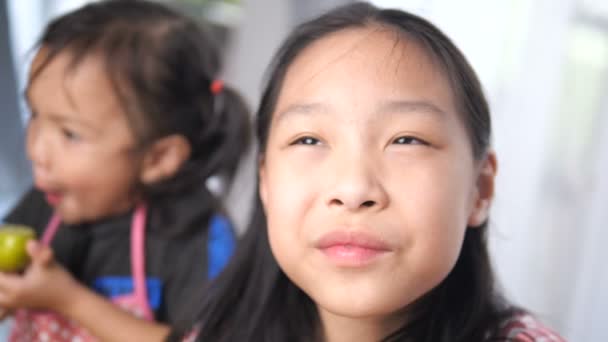 Süße Asiatische Kinder Verkostung Scheiben Geschnittene Zitrone Mit Lustigen Gesicht — Stockvideo