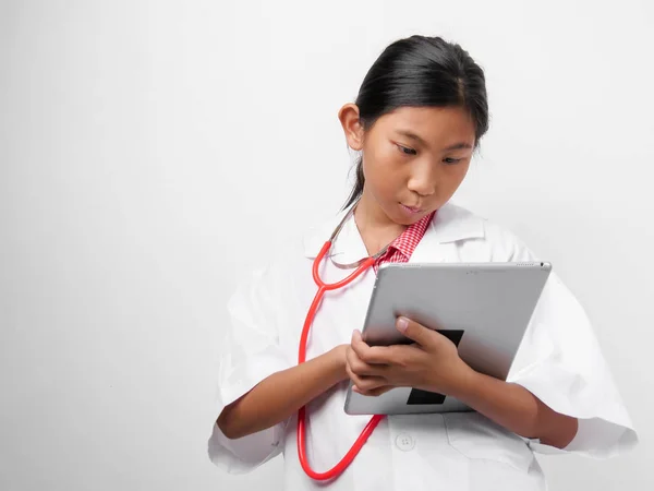 Happy Asian Girl Doctor Uniform Holding Tablet Copy Space — Stock Photo, Image