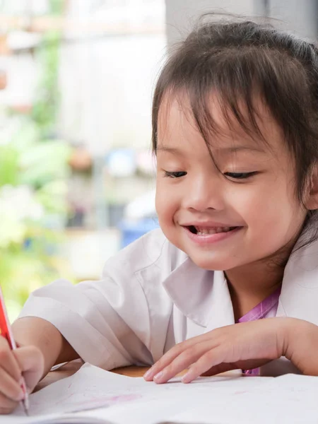 Happy Asian Girl Doing Homework Home — Stock Photo, Image