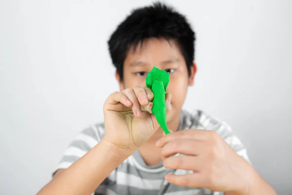 Happy Asian Preteen Boy Playing Dough Home — Stock Photo, Image