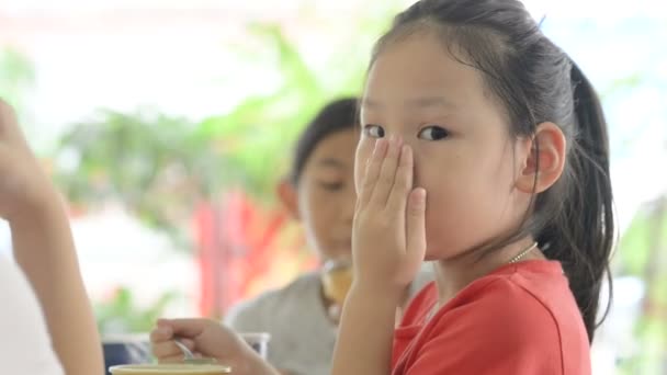 Kid Sitting Cafe Eating Ice Cream — Stock Video