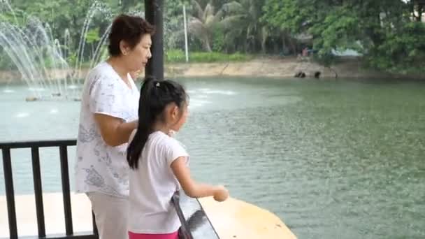 Ευτυχισμένη Οικογένεια Γιαγιά Και Τάισμα Ψαριών Στο Υπαίθριο Πάρκο Παιδιών — Αρχείο Βίντεο