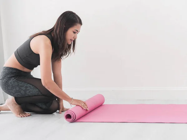 Happy Asian Sport Woman Rolling Pink Yoga Mat Home Lifestyle — Stock Photo, Image