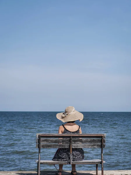 Indietro Della Donna Seduta Guardando Mare Nella Giornata Sole Concetto — Foto Stock