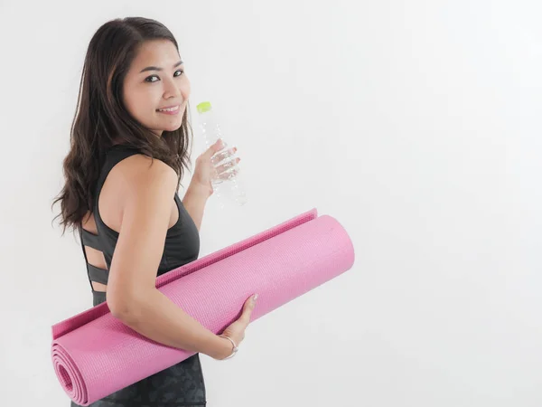 Happy Asian Woman Holding Bottle Water Pink Yoga Mat Lifestyle — Stock Photo, Image