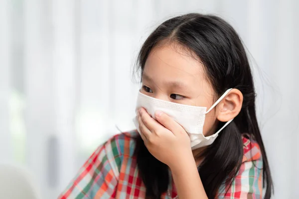 Asian Girl Wearing White Mask Playing Tablet Home — Stock Photo, Image