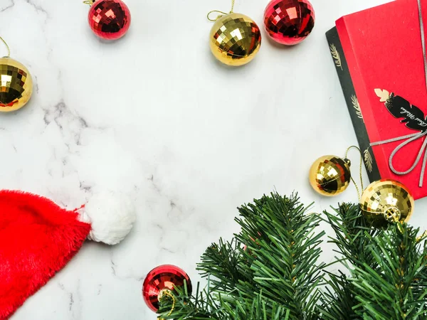 Christmas Tree Santa Hat Decorating Marble Background Top View — Stock Photo, Image