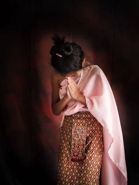 Asian Girl Wearing Thai Costume Dark Background — Stock Photo, Image