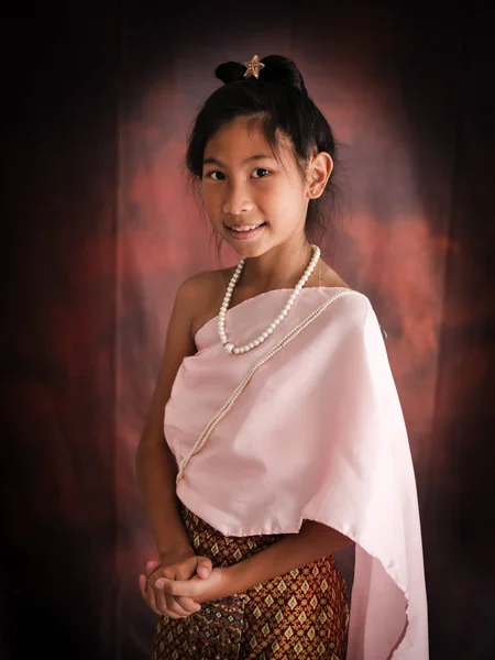 Asian Girl Wearing Thai Costume Dark Background — Stock Photo, Image