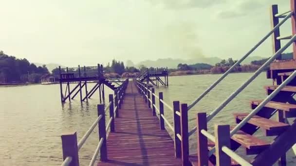 Spaziergang Über Holzbrücke Über Den Wassersee Aussichtspunkt — Stockvideo