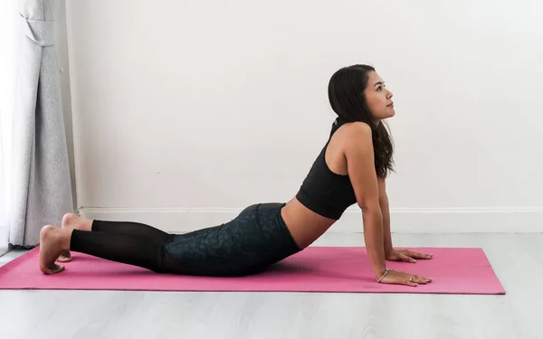 Happy Asian Sport Woman Doing Yoga Pink Mat Home Lifestyle — Stock Photo, Image