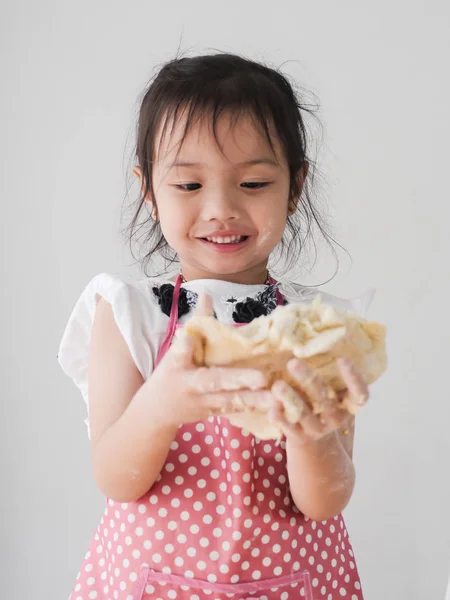 Happy Asian Girl Pink Apron Preparing Flour Cookie Pizza Dough — Stock Photo, Image