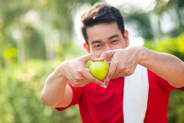 Happy Asian Sport Man Holding Green Apple Heart Shape Love — Stock Photo, Image