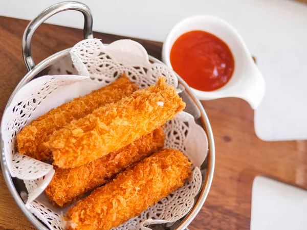 Fried Cheese Sticks Aluminium Pan Wooden Table Ready Eat — Stock Photo, Image