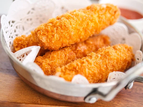 Fried Cheese Sticks Aluminium Pan Wooden Table Ready Eat — Stock Photo, Image