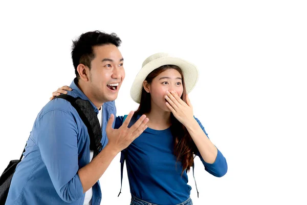 Glücklich asiatische Paar mit Big surprise und suchen nach oben etwas, — Stockfoto