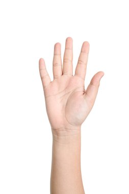 Beyaz bir backgrou izole beş parmak gösteren çocuk el