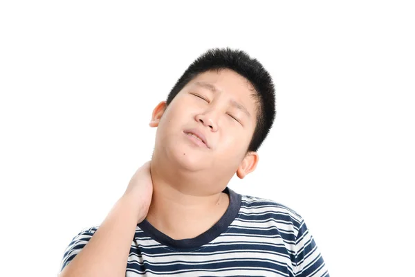 Young Asian preteen boy  having shoulder or neck pain. — Stock Photo, Image