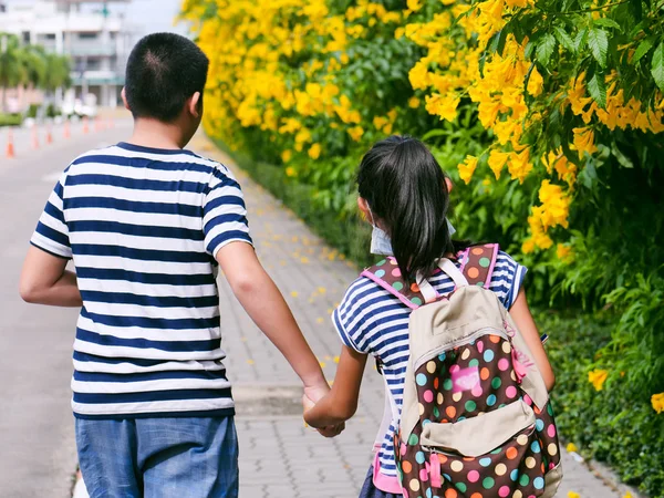 Achterkant van broer houdt zijn zus wandelen langs de weg met y — Stockfoto