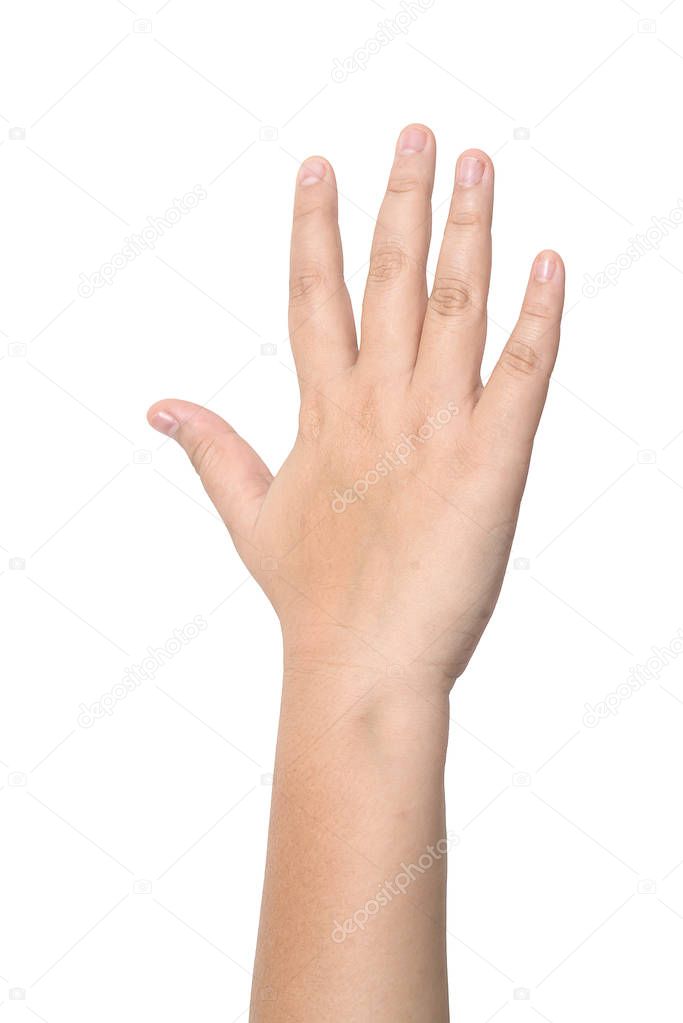 Child hand showing the five fingers isolated on a white backgrou