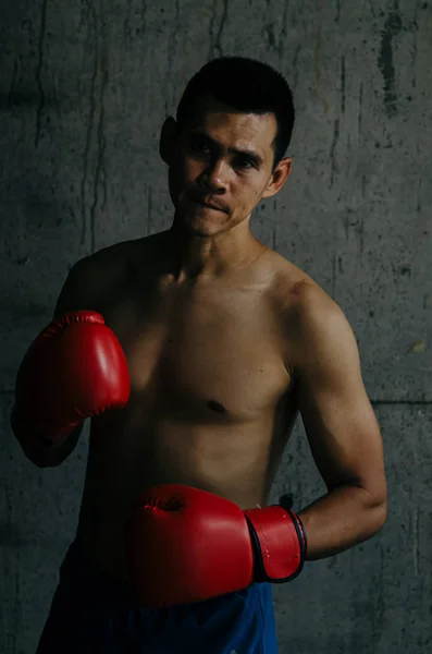 Asiático boxer com luva vermelha de pé contra a parede de cimento, baixa lig — Fotografia de Stock