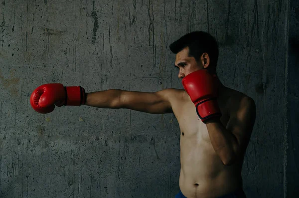 Asiatisk boxare med röd handske stående mot cement vägg, låg lig — Stockfoto