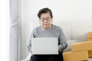 Packag ile online satış yaparken dizüstü bilgisayar kullanan Asyalı yaşlı kadın