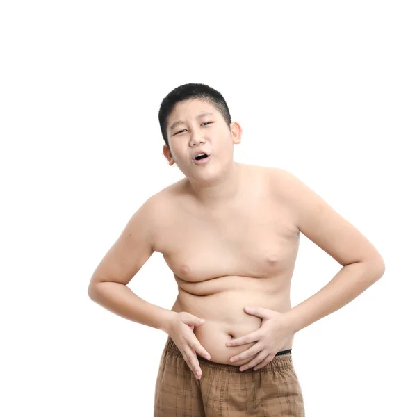 Asiatisk preteen pojke med fet mage på vit bakgrund. — Stockfoto