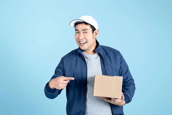 Homem Asiático Feliz Serviço Entrega Azul Casaco Boné Dando Ordem — Fotografia de Stock