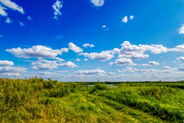 Mavi gökyüzü ve bulutların arka planda bozkırda Kir yol.