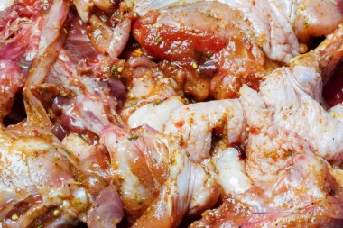 Çiğ iştah açıcı marine baharatlar tavuk eti yakın çekim