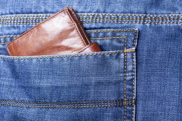 Handväska Eller Plånbok Bakfickan Blå Jeans Närbild — Stockfoto