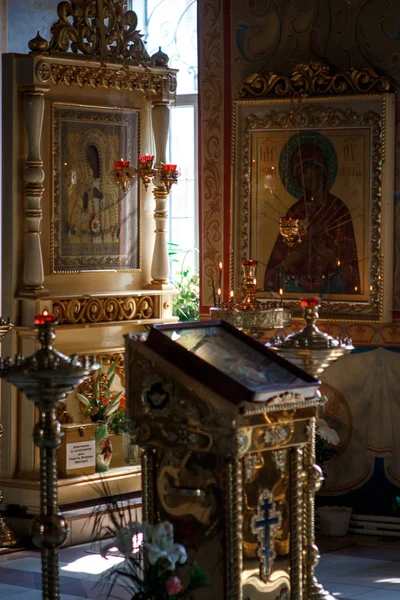 interior in the Russian Orthodox Christian church, icons, candles
