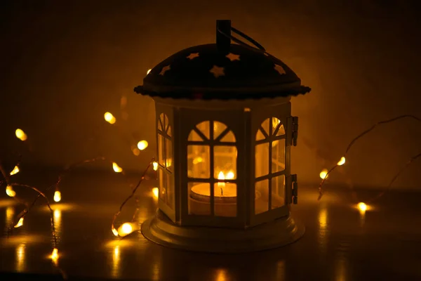 Glowing Lantern Shape House Windows Lit Yellow Festive Interior Decoration — Stock Photo, Image