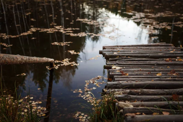 Ponte Legno Sul Lago Crepuscolo Foglie Galleggianti Acqua Autunno Ponte — Foto Stock