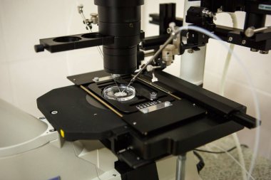 İn vitro fertilizasyon IVF donatımın klinik laboratuvar. Mikroskop, tüpler, azot, diğer aygıtlar için kimyasal işlemler Laboratuvarı