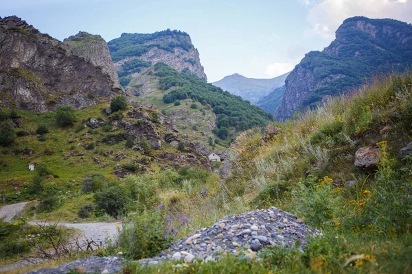 Mountain green valley with a deep gorge, high mountains and hills covered with grass, rocky gorge with a mountain river at the bottom. Landscapes of Georgia, Georgian military road.