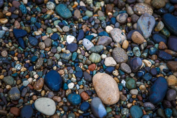 Round colored stones pebbles, snail on the stone. Coins of Georgia on a stone, tourist place