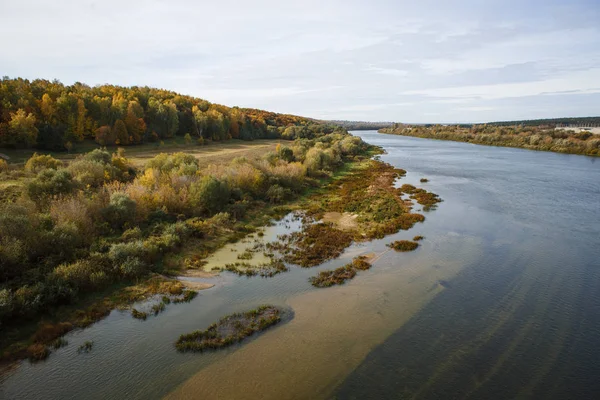 River valley in Russia, clear water with a sandy bottom, forest on the shore. Oka river in Russia in early autumn, the water surface, the turn of the river in the distance.