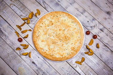 Gri bir arka plan üzerine bir büyük pizza yakın çekim. Renkli pizza tepesi portre