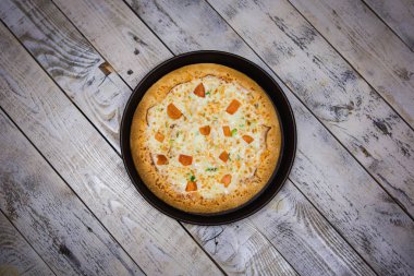 Gri bir arka plan üzerine bir büyük pizza yakın çekim. Renkli pizza tepesi portre