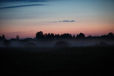 Akşam sisi nehir ve ormanın üzerinde sürünüyor. Gölde puslu yaz akşamı