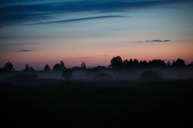 Akşam sisi nehir ve ormanın üzerinde sürünüyor. Gölde puslu yaz akşamı