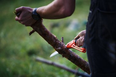 Küçük bir turist el kullanarak yürüyüş gördüm. Erkek el odun katlama testere turuncu testere