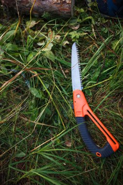 Küçük bir turist el kullanarak yürüyüş gördüm. Erkek el odun katlama testere turuncu testere